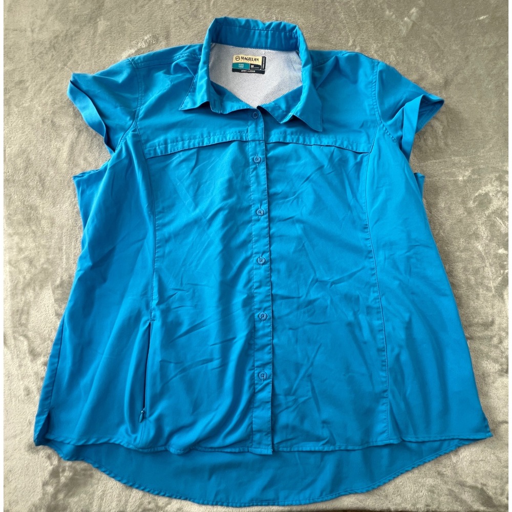 Magellan Outdoors Fish Gear Shirt Women 2X Blue Short Sleeve Vented Button Up